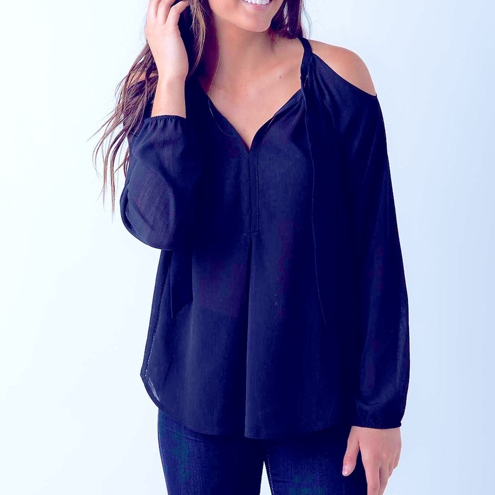3/$20 Buckle True Navy Boho Peasant Blouse Cold Shoulder Lightweight Tie Neck